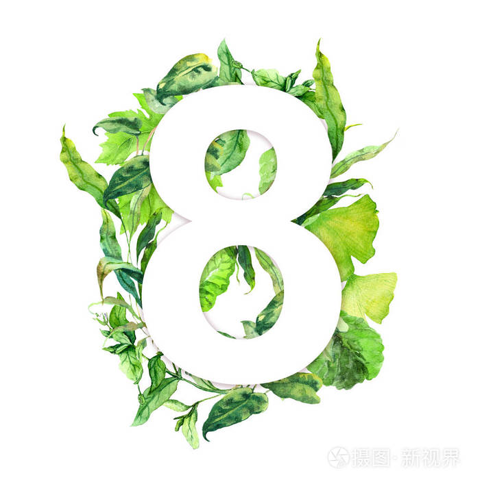 3月8日 从绿叶 新鲜的草中成熟 花卡为女性的天 天然水彩照片 正版商用图片1908u5 摄图新视界