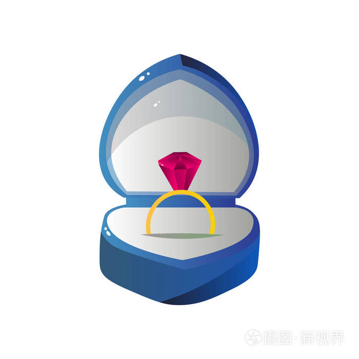 打开礼品盒与金红宝石戒指, 蓝心形状的珠宝表盒说明
