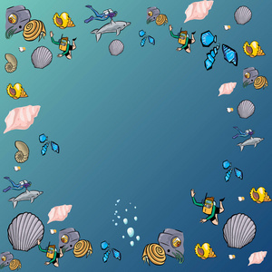 专门保护海洋和海洋动物的矢量插图。 世界海洋日。 背景与鲸蟹海星鱼贝壳潜水员和更多