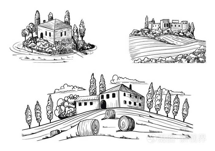 水墨画与自然和建筑物,树木,干草和草地. 手绘墨水风格. 矢量图.