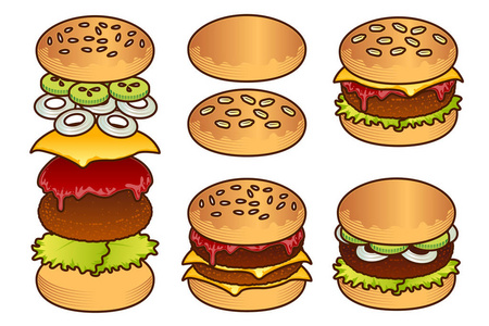 汉堡和元素食品图标集。卡通手绘一套汉堡元素食品图标的网页设计, 菜单, 游戏