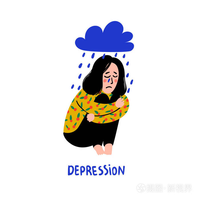 心理学抑郁症悲伤不幸的女孩坐在雨云下抑郁症中的