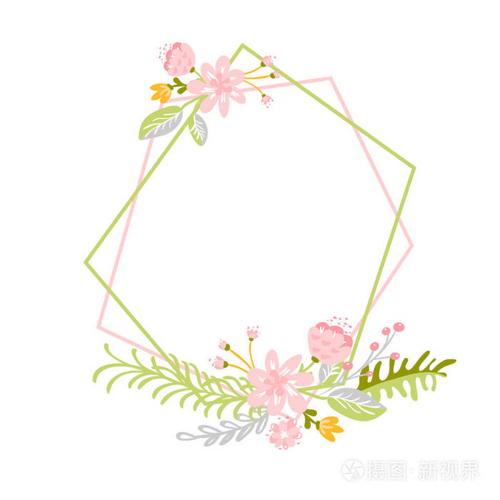几何春天花圈与花.扁平草本植物抽象向量庭院框架.