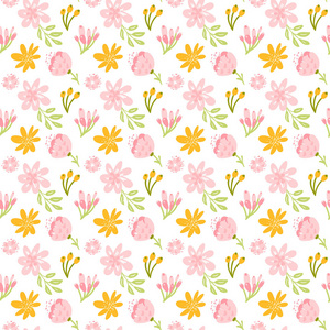 矢量无缝模式与平坦的花束和叶子。可爱的花卉背景为您的设计。柔和的颜色浅粉色黄色白色背景上的蓝色元素