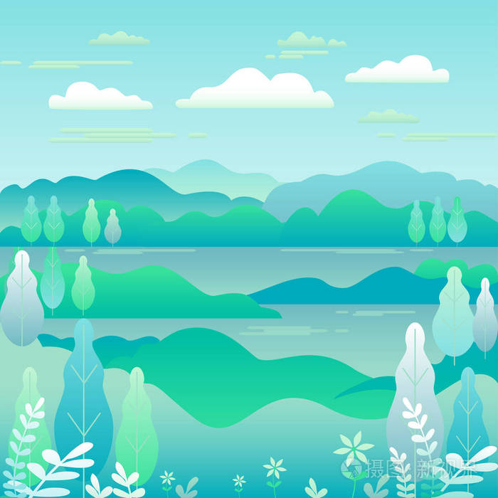 山地森林中的农村地区树木卡通矢量插画-正版商用图片1