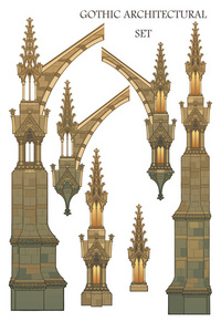 一套中世纪哥特式建筑元素。飞行的支柱, 华丽的塔
