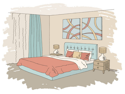 卧室彩色图形家庭内部草图插图外部房屋的抽象草图设计老式尺寸的床画