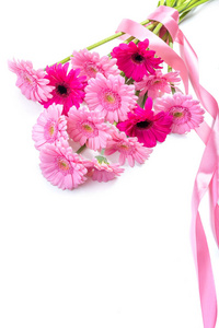 白色背景上的Gerberas粉红色Gerberas。 一束用粉红色丝带系的花。 在白色背景下分离