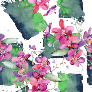 粉红兰花花束花植物花。水彩背景插图集。无缝的背景模式
