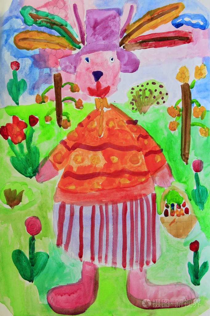 幼稚的绘画欢快的五彩神话野兔儿童艺术作品
