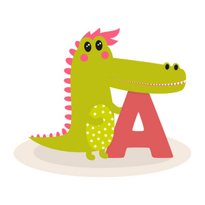 矢量可爱的孩子动物字母表,字母a为鳄鱼,卡通动物插图,鳄鱼孤立.照片