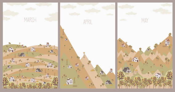 春天的背景。 海报与春季景观和房屋在斯堪的纳维亚风格。 可编辑矢量插图