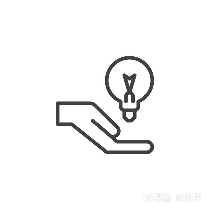 手持灯泡轮廓图标.移动概念和网页设计的线性风格标志.