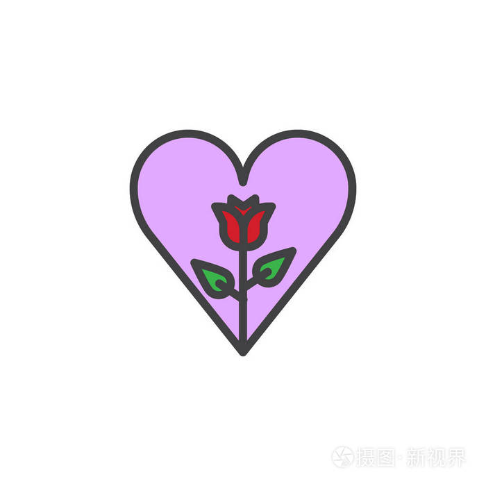 红玫瑰花在红心填充轮廓图标,线条矢量符号,线性彩色象形孤立在白色上