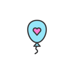 心脏气球填充轮廓图标，线条矢量符号，线性彩色象形文字隔离在白色上。情人节符号，标志插图。像素完美矢量图形