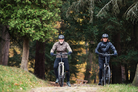 秋季, 一对带着电动自行车在公园的马路上骑自行车的高级夫妇在外面的路上骑自行车