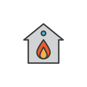 燃烧家填充轮廓图标，线条矢量符号，线性彩色象形孤立在白色上。家在火的象征，标志插图。像素完美矢量图形
