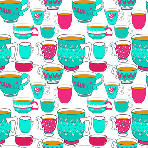 矢量设置时尚无缝图案的涂鸦各种鲜艳的彩色茶杯。白色背景上的杯子。