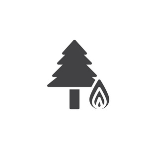 燃烧森林图标矢量，填充平标，固体象形孤立在白色上。树和火焰符号，标志插图。