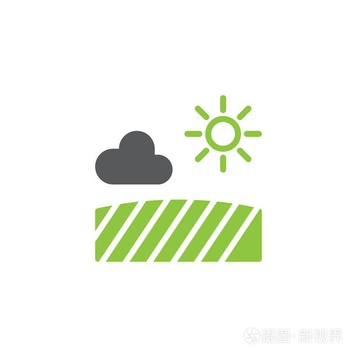 字段与太阳云图标矢量填充平面标志双色象形文字绿色和灰色。 农田标志标志图