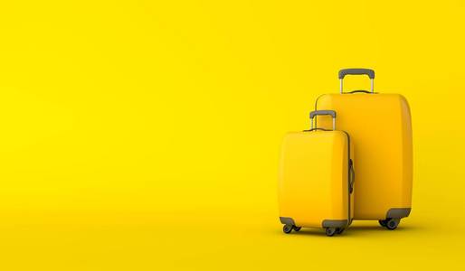 黄色旅行箱在黄色背景下。 3D渲染