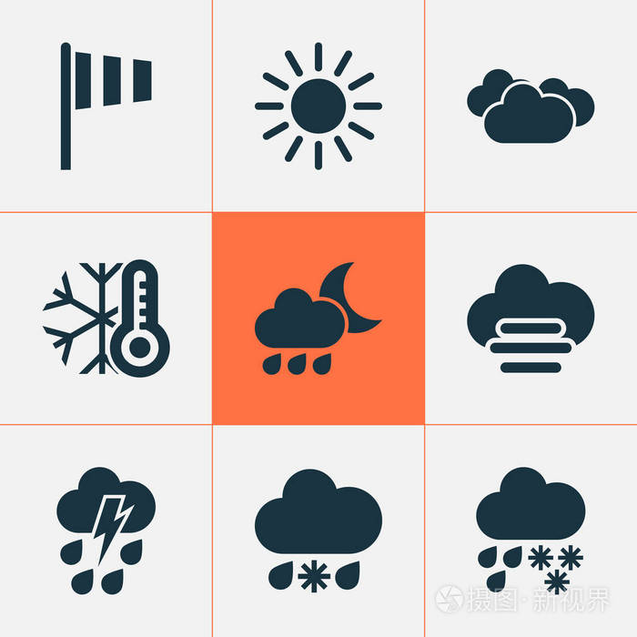 气候图标设置为多雨寒冷多雾多云的雷暴元素被隔绝的例证气候图标