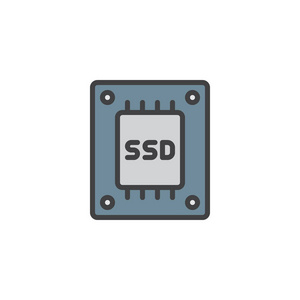 SSD驱动器填充轮廓图标线矢量符号线彩色象形文字隔离在白色上。 固态驱动器符号标志插图。 像素完美矢量图形