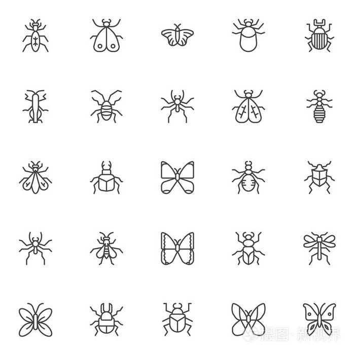 昆虫和虫子的轮廓图标设置. 线性样式符号集合线标志包. 矢量图形.