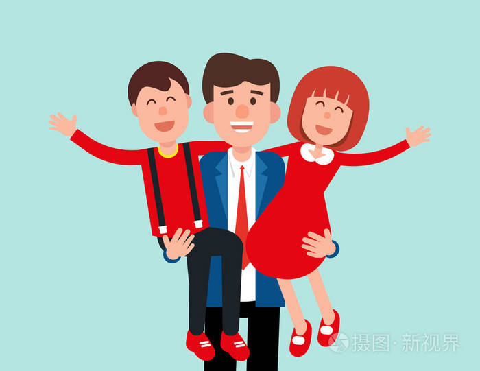 爸爸抱着他的儿子和女儿. 概念家庭插图
