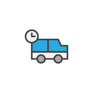 运输卡车与时钟填充轮廓图标线矢量标志线性彩色象形文字隔离在白色上。 及时交付服务符号标志插图。 像素完美矢量图形