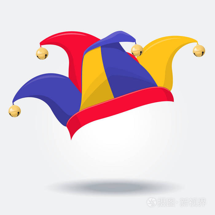 彩色的小丑帽子与铃铛在白色