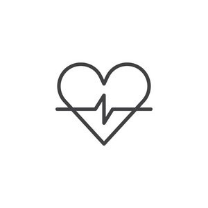 心脏线图标轮廓矢量符号线性风格象形文字隔离在白色上。 心脏脉搏心跳符号标志插图。 可编辑行程