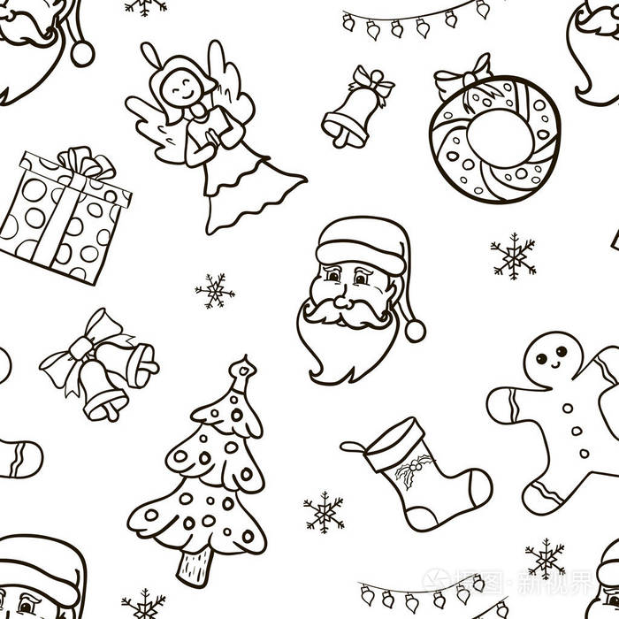 圣诞黑白素描矢量无缝图案