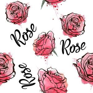 红玫瑰。 无缝手绘水彩图案。 矢量背景。