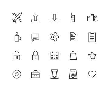 适用于 web 和移动的通用大纲图标。包含飞机茶杯日历期权等图标。可编辑的矢量笔画。48x48 像素完美