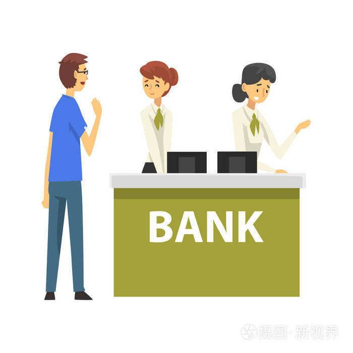 经理的男性客户咨询, 为客户提供服务的女性银行工作人员, 接待服务