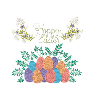 快乐复活节标签与鸡蛋和鲜花图标