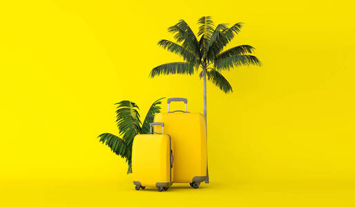 带热带棕榈树叶子的黄色旅行箱。 3D渲染
