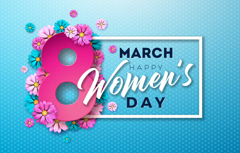 3月8日。快乐的妇女日花卉问候卡。蓝色背景下的花设计国际假日插图。矢量弹簧庆祝模板