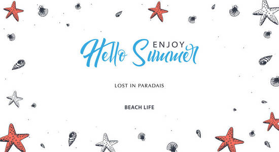 夏季海滩背景。海上假日。线性图形。雕刻的顶部视图插图。波浪, 冲浪板, 贝壳, 海星。顶部视图。矢量插图