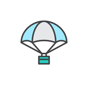 降落伞与货物填充轮廓图标线矢量标志线性彩色象形文字隔离在白色上。 送气球符号标志插图。 像素完美矢量图形