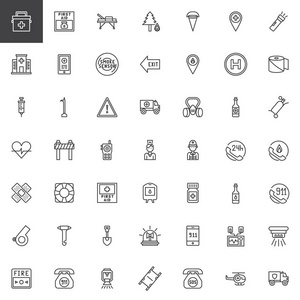 消防应急线路图标设置轮廓矢量符号收集线性风格象形文字包。 标志标志插图。 包括医院担架救护车消防员灭火器等图标