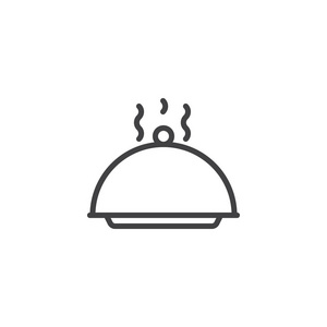食品拼盘服务线图标轮廓矢量符号线性风格象形文字隔离在白色上。 覆盖食品托盘符号标志插图。 可编辑行程