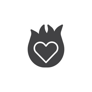 燃烧的心脏图标矢量填充平面标志固体象形文字隔离在白色上。 心在激情符号标志插图。
