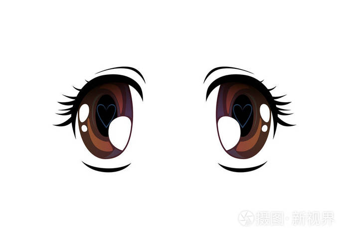 明亮的眼睛与学生的心的形状, 美丽的眼睛与光反射漫画日本风格的矢量