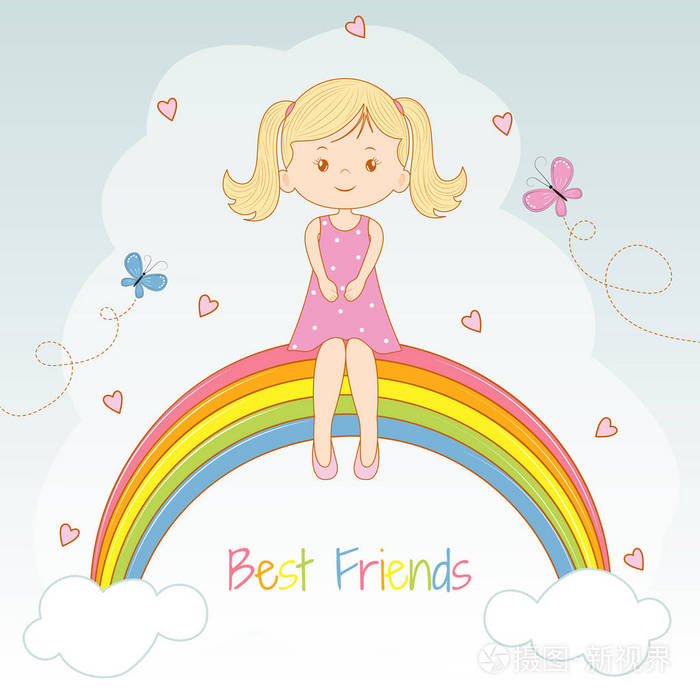 坐在彩虹上的漂亮小女孩最好的朋友贺卡t恤的图形