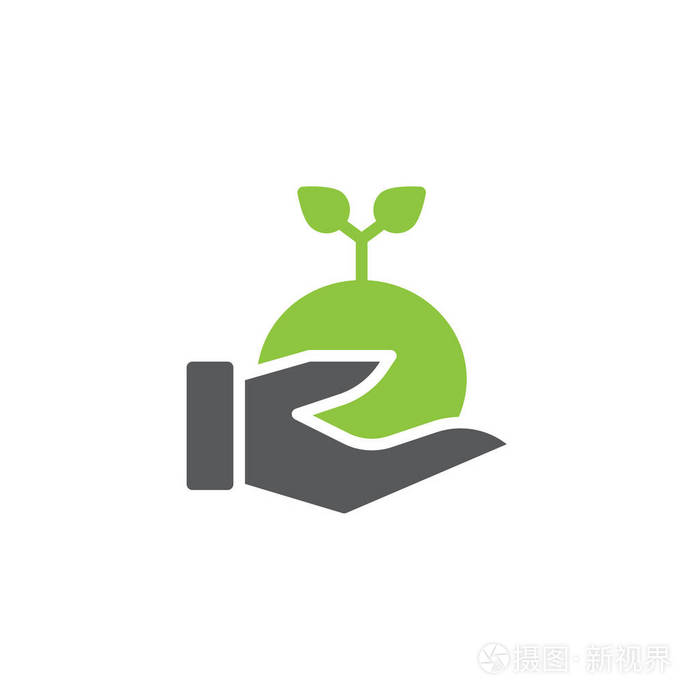 植物在一个手图标矢量填充平面标志双色象形文字绿色和灰色。 生态符号标志插图