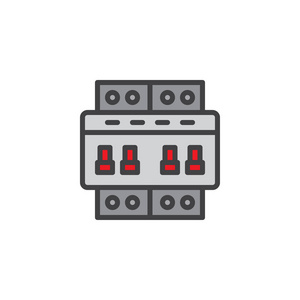 断路器开关填充轮廓图标线矢量标志线彩色象形文字隔离在白色上。 电动切换开关符号标志插图。 像素完美矢量图形