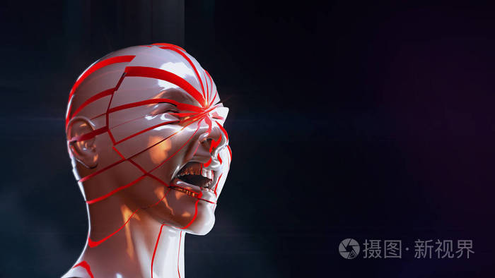 有光泽的女人头爆炸关闭-头痛, 心理问题, 分裂的人格压力, 灾难概念