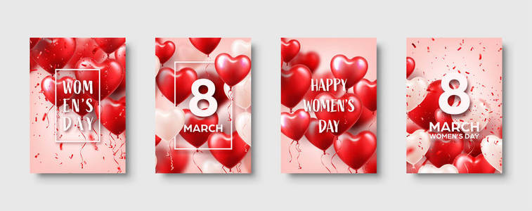 女人的日子背景与红色气球, 心脏形状。康费蒂和丝带。爱情的象征。3月8日我爱你。向量例证